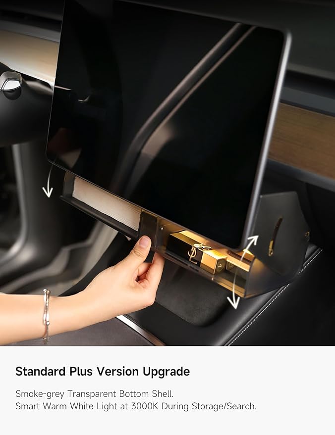 TPARTS Hidden Magnetic (Under Screen) Storage Box for Tesla Model 3/Y with Open-Close Design Center Console Organizer Dashboard Vehicle Tissue Holder with Smart Warm White Light