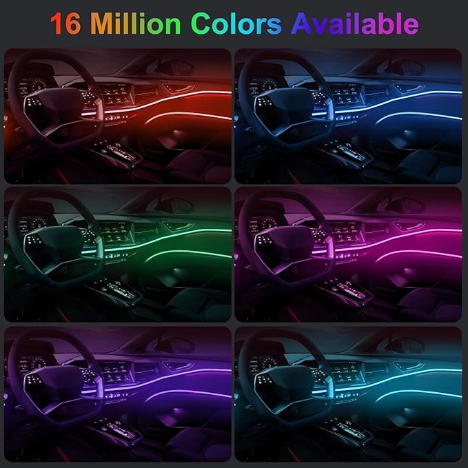 YUGUANG Interior Car Lights Strip APP Control, 5 in 1 Multicolor Music Sync RGB LED Car Ambient Lighting Kit with 236 inches Fiber Optic