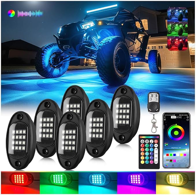 6Pods RGB LED Rock Lights for UTV SXS RZR Can-Am Four Wheeler Side by Side ATV Offroad Golf Cart, Multicolor Underglow Light Kit with APP/RF Remote Dual Zone Neon Vehicle Accent Light 12V Waterproof