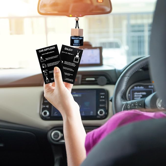 DaisyInner 200 Sets Car Diffuser Bottles Empty Bulk Hanging Car Air Freshener Diffuser Bottles Bulk Glass Perfume Holder with Instruction Cards for Essential Oil Fragrance Pendant(Square,Black)