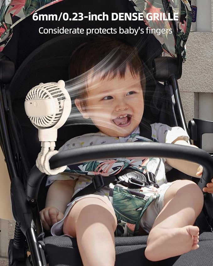 buywoo Portable Stroller Mini Fan, Small Rechargeable Personal Cooler w/ 360° Rotation, Baby Essentials for Car Seat, Crib, Bike, Treadmill, 3-Speed Battery Powered Stroller Accessories, Beige