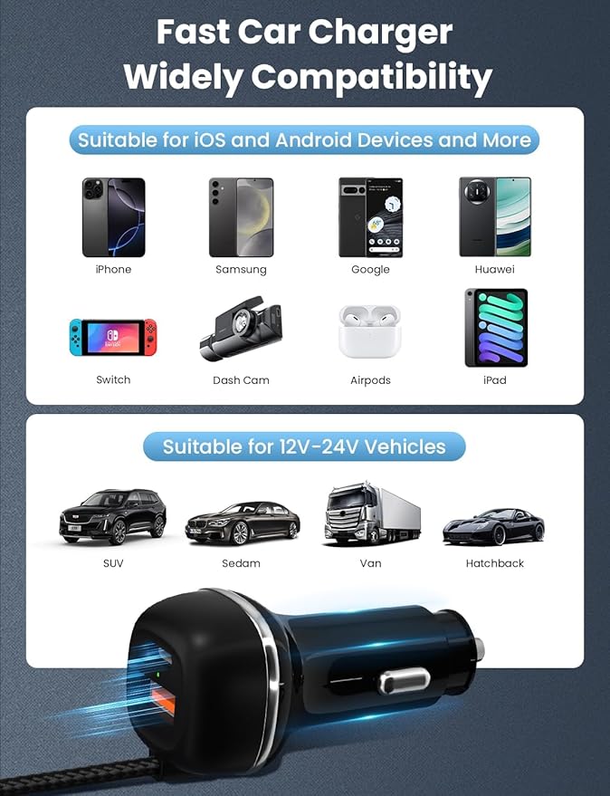 All-in-One Wireless Carplay & Android Auto Adapter with Fast Car Charger - 3 in 1 Cable for Stable Voltage, Enhanced Carplay/Android Auto Data. 48W, Dual USB C & A Ports