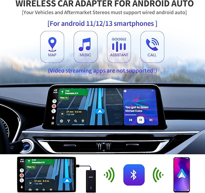 AACPLAY Wireless Android Auto Car Adapter Converts Wired Android Auto to Wireless, Android Auto Dongle Wireless for AA Smarphone, USB Type-A or Type-C Plug-in