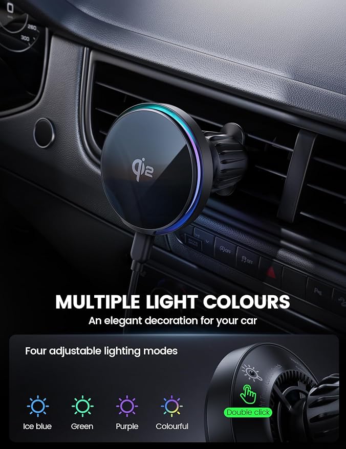 Lamicall 15W for QI2 Magsafe Car Mount Charger - 【RGB LED】360° Wireless Car Phone Holder Vent Dashboard, HandsFree Magnetic Phone Holder for Car Charging for iPhone 17 Air Pro Max Plus 16 15 14 13 12