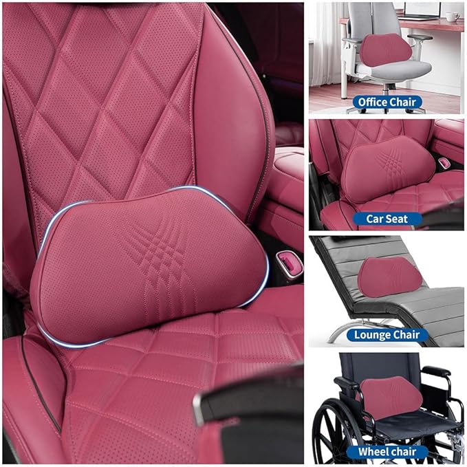 Lumbar Support Pillow for Car Seat, Office Chair Nappa Leather Memory Foam Lower Back Cushion for Back Pain Relief Improve Posture, Ergonomic Back Rest for Gaming Chair, Red, 1PC