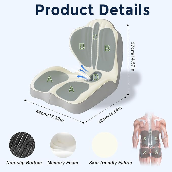 Seat Cushion for Office Chair Car, L-Shaped Ergonomic Seat Cushions,Memory Foam Orthopedic Cushion with Coccyx Hollow,Lumbar Support & Tailbone Pain Relief for Car, Truck, Gaming Chair,Beige & Gray