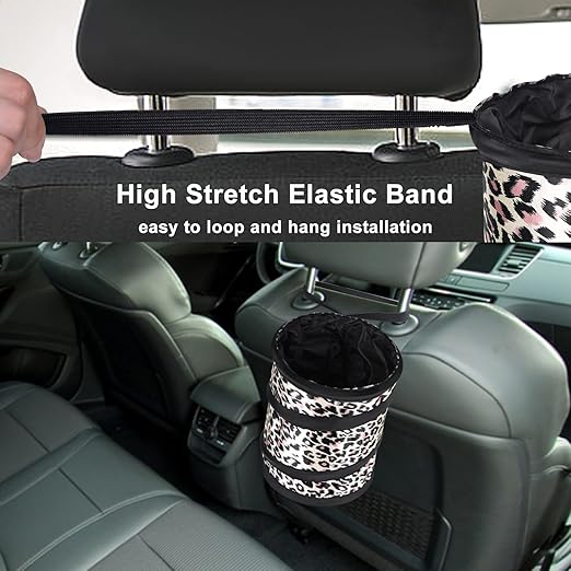 Car Trash Can, 2 Packs Mini Collapsible Car Trash Bin for Front Back Seat, Pop up Car Garbage Can, Portable Car Trash Bag Hanging for Vehicle SUV Rv Truck Accessories Interior, Leopard Print