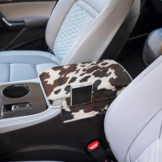 Wanyint Black Brown Cow Print Car Center Console Armrest Cover Anti-Slip Armrest Storage Box Mat Anti-Scratch Middle Console Pad Protective Cover Universal Fit Most Vehicle, SUV, Truck