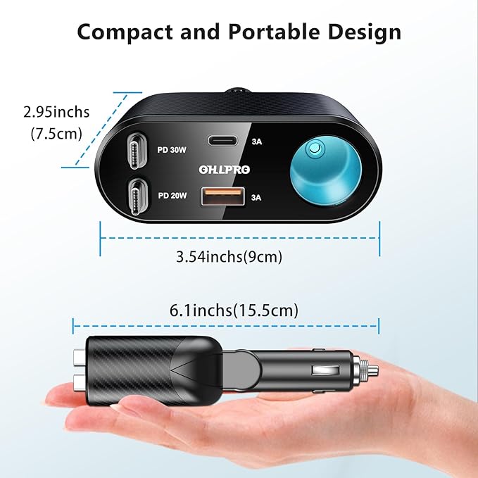 OHLPRO Retractable Car Charger Cigarette Lighter Adapter, 168W 5 in 1 Fast Phone Charging Built-in Replaceable Fuse, Socket Splitter with USB C and USB C Cord, Fit for Phone iPad Galaxy GPS, Grey