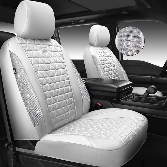CAR PASS All White Bling Diamond Leather Car Seat Covers Full Sets,Waterproof Shining Glitter Sparkly Crystal Universal Fit for Automotive Truck SUV Cute Women Girl Airbag Compatable,Sliver Rhinestone