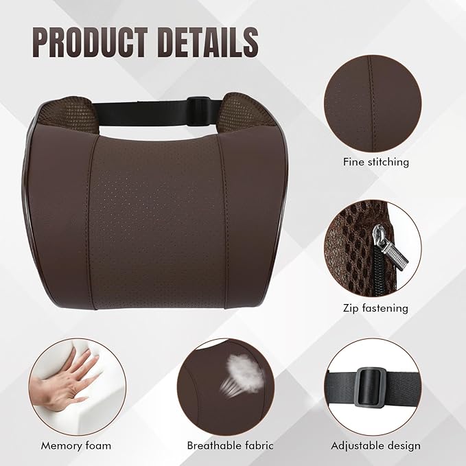 Car Neck Pillow with Memory Foam, Soft Comfortable Headrest Pillow for Driving, Ergonomic Design, Auto Seat Neck Support Pillows Head Rest Cushion with Breathable Leather Cover (Coffee)