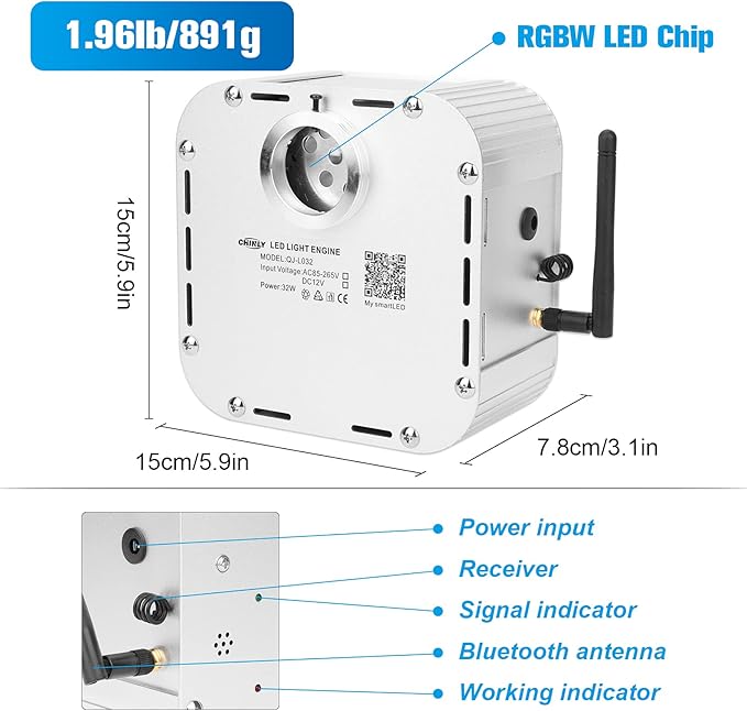 CHINLY 32w Twinkle 1000pcs 0.03in 16.4ft Bluetooth RGBW LED Fiber Optic Star Ceiling Light, APP/Remote Music Mode Headliner Light Kit+Adapter+Cigarette Lighter+10 Crystals, for Headliner/Home Theater