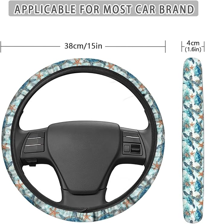 AFPANQZ Steering Wheel Cover for Women, Turtle Starfish Print Sweat Absorbing Non-Slip Steering Wheel Protection Case Machine Washable Elastic Flexible Universal 14 to 15 inch