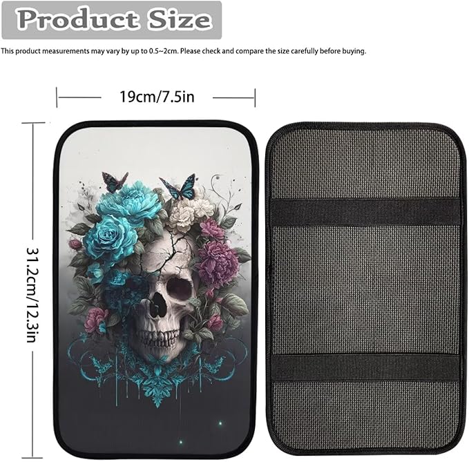 Skull Print Car Center Console Armrest Cover Rose Butterfly Print Armrest Box Cover Center Console Pad Neoprene Car Decor Accessories for Women Men, Easy to Install