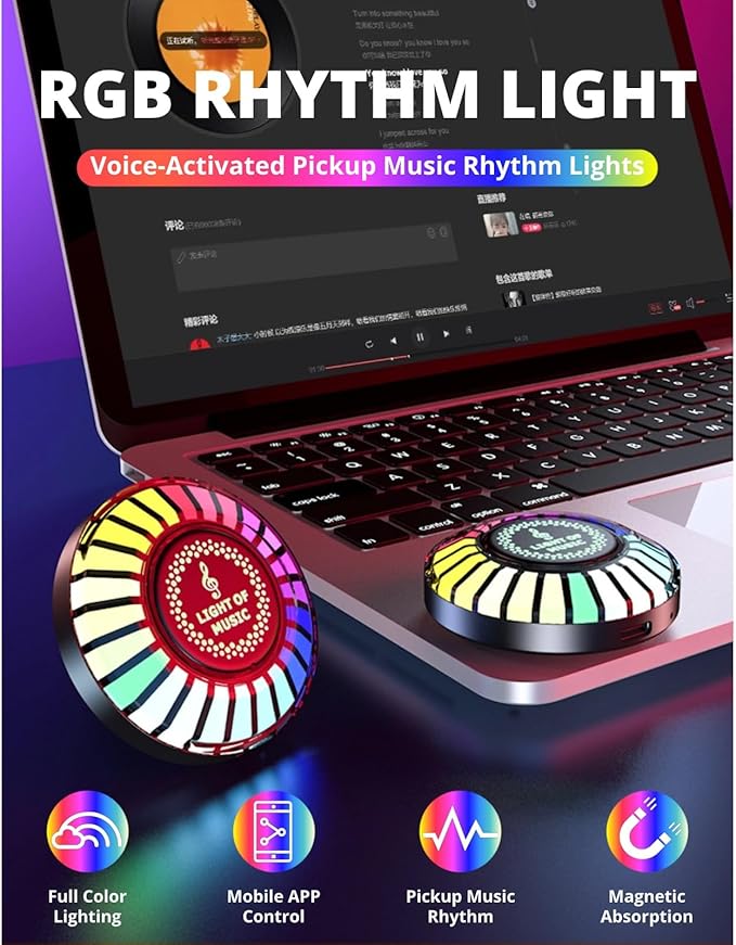 Car RGB Rhythm Lamp, Voice Activated Music Rhythm Light, Colorful LED Magnetic Sound Control Rhythm Lamp Pickup Sync Lights for Car Gaming DJ Stereo Lighting