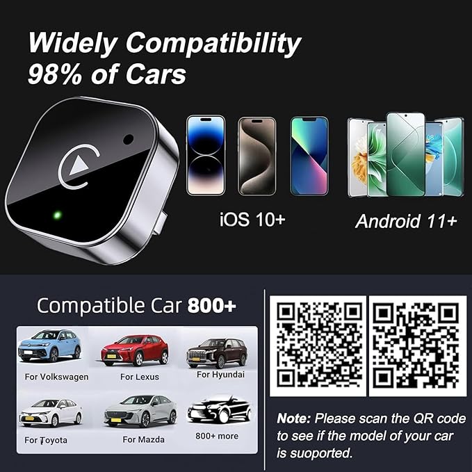 2-in-1 Wireless CarPlay & Android Auto Adapter, Plug & Play CarPlay Dongle Converts Wired to Wireless, Fast Auto-Connect, No Delay, Compact Design for iPhone & Android with USB/USB-C Port（Silver gray）