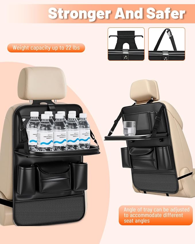 2 Pack Leather Car Backseat Organizer with Foldable Table Tray, Garbage Bag Hook, Protector Kick Mats for Kids, 8 Large-Capacity Pocket, Universal Car Seat Protector for Kids, Pets & Travel
