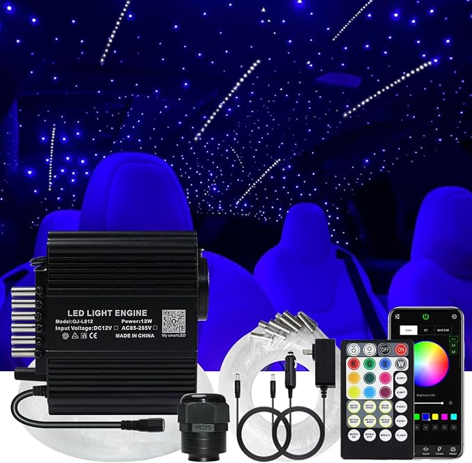 AKEPO 12W Twinkle 450pcs+Meteor 240pcs 2-in-1 Fiber Optic Starlight Headliner Lights Kit, 0.03in 9.8ft Shooting Star APP Control Music Activated Optical Fiber Star Ceiling Light Kits for Home and Car