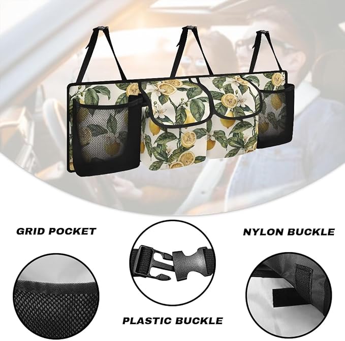 Retro Lemon Trunk Organizer for SUV Back Seat Car Hanging Cargo Storage Bag 4 Pockets Car Accessories for Women Interior