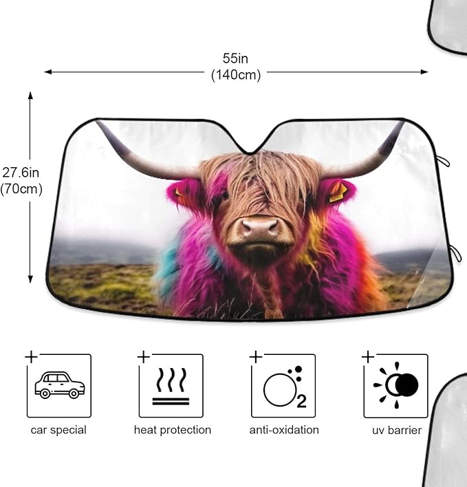 xigua Highland Cow Car Windshield Sunshade Foldable Front Window Sun Visor Protector for Car,SUV,Truck - Keep Vehicle Cool,55 x 27.6 Inch