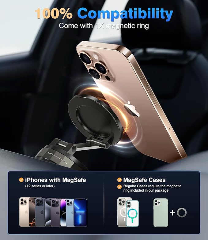 Phone Holder for Car Suction Cup Phone Mount Mag-safe 360° Rotatable Lock[89+LBS Strongest Suction 2800gf Magnetic]Foldable Vacuum Magnetic Phone Stand for iPhone 17 Pro Max/Air/16/Gym/Bathroom Mirror