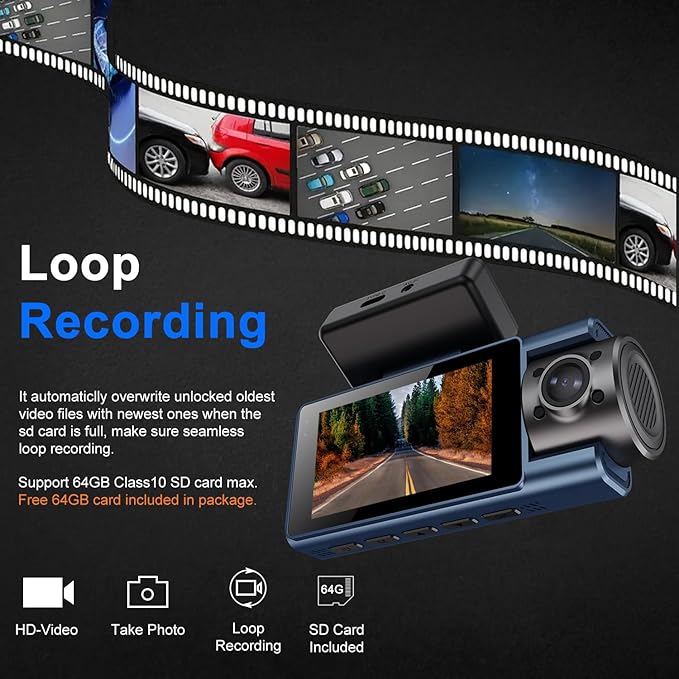 Dash Cam Front Rear Inside, 4K Full HD Dash Camera for Cars, Included 64GB Card, Built-in Wi-Fi, 3” IPS Screen, Night Vision, 170°Wide Angle,Loop Recording, APP Control (3Channel Dashcam+64G)
