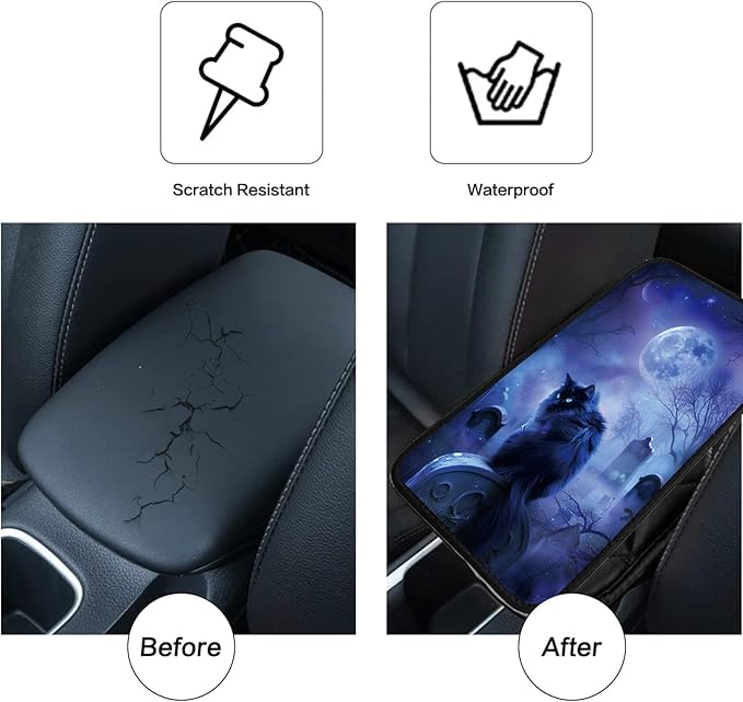 Car Armrest Cover Pads Universal Fashion Cute Auto Center Console Armrest Cover Pad with 2PCS Car Coasters Soft Waterproof Car Armrest Seat Protector for Women, Night Black Cat