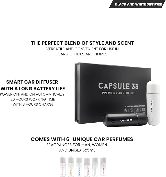 Car Perfume Diffuser, (UPGADED) Air freshener, Waterless Diffuser, Smart Ultrasonic Air Freshener with 6 Premium Fragrances, Automatic (On/Off), Car Gift for Men and Women (Black)