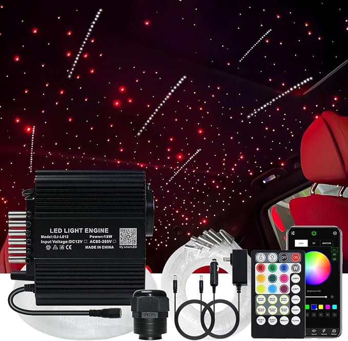 AKEPO 12W Shooting Star+Twinkle All-in-one Fiber Optic Lights Kit, Car Home Use 460pcs of (0.03+0.04+0.06in) 9.8ft +240pcs Meteor Optical Fiber Remote Music Sync APP Control Star Ceiling Sky Light