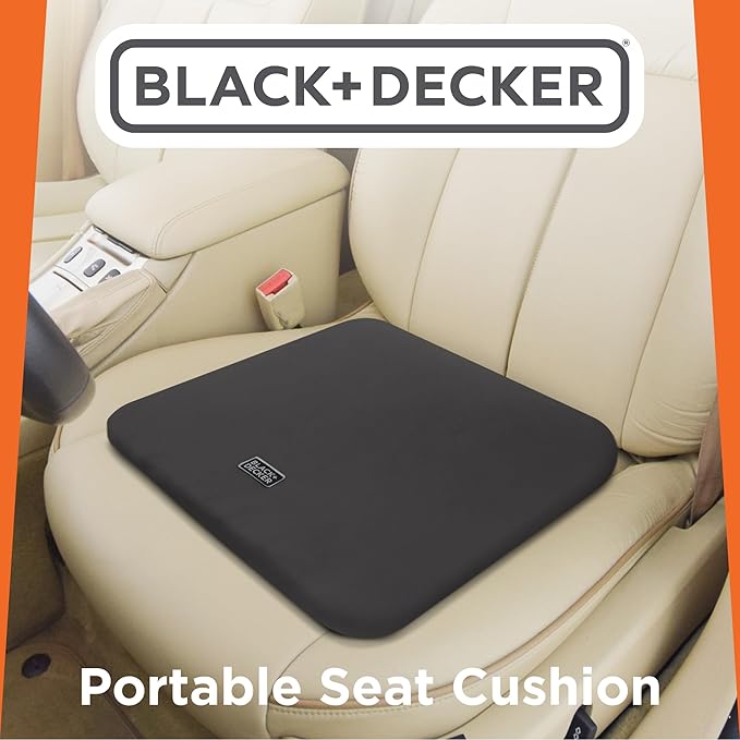 BLACK+DECKER Car Seat Cushion with Memory Foam – Ice Silk Portable Driver & Car Seat Pad for Pain Relief – Non-Slip Back, Washable Cover – Office Chair, Wheelchair, Travel Use, Black