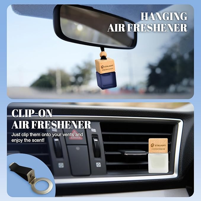 Car Air Freshener Hanging, 3 Pcs Cotton Fresh, Fresh Linen, Cardamom & Cedar, Car Scent Air Fresheners Diffuser for Car, 45+ days Long Lasting Fragrance, 0.27 FL OZ/8ML