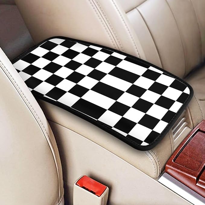 Car Armrest Cover Auto Center Console Pad Arm Rest Cushion Soft Car Accessories Universal for Most Vehicle (Checkerboard-Black & White Pattern Design)