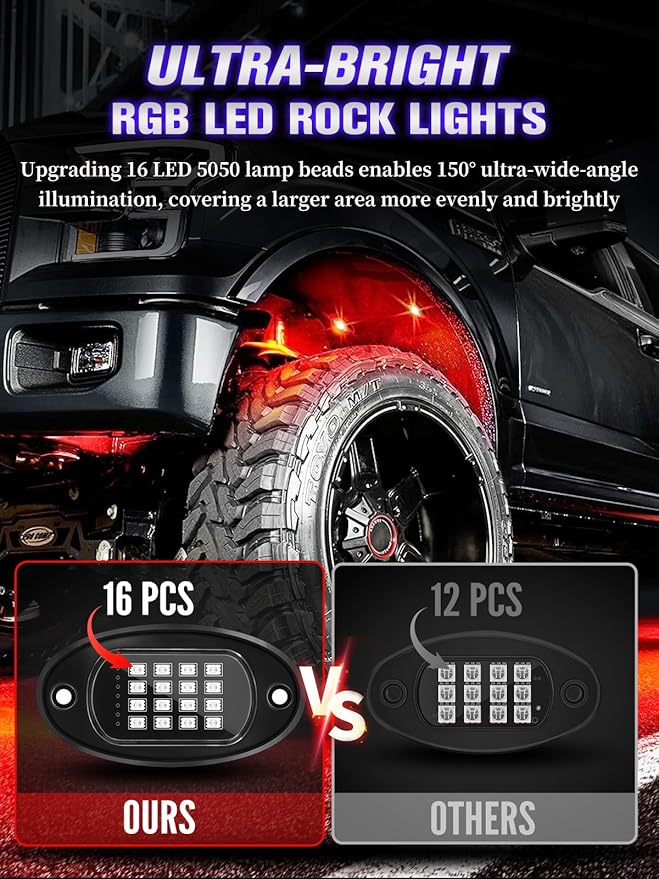 6 Pods RGB LED Rock Lights with APP/RF Remote Control High Brights Waterproof Underglow Multicolor Zone Neon Exterior Rock Lights for 12V Trucks Jeep UTV ATV RZR Offroad Pickup SUV Accessory