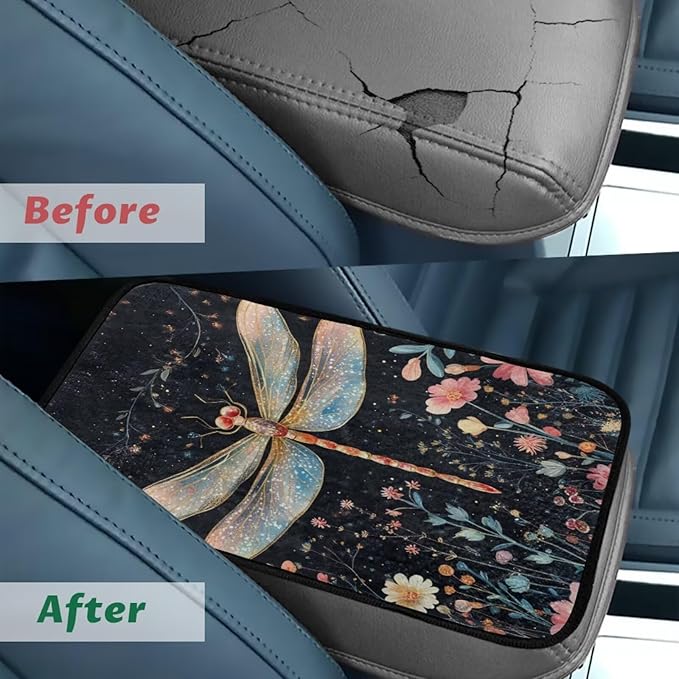 Dragonfly Flower Middle Console Covers Elastic Flannel Center Console Cover Anti-Slip Washable Car Center Console Lid Cover Accessories Compatible with Cars,SUV,Trucks