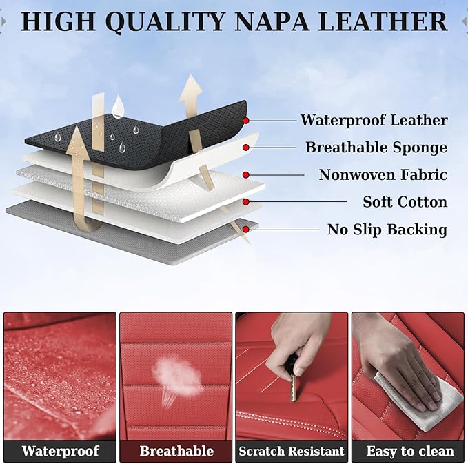 Coverado Car Seat Covers Full Set, Nappa Leather Seat Covers for Cars, Car Seat Protector Car Seat Cushion, Front and Back Seat Protectors Cushions Universal Fit for Most Cars Vehicles(Red)