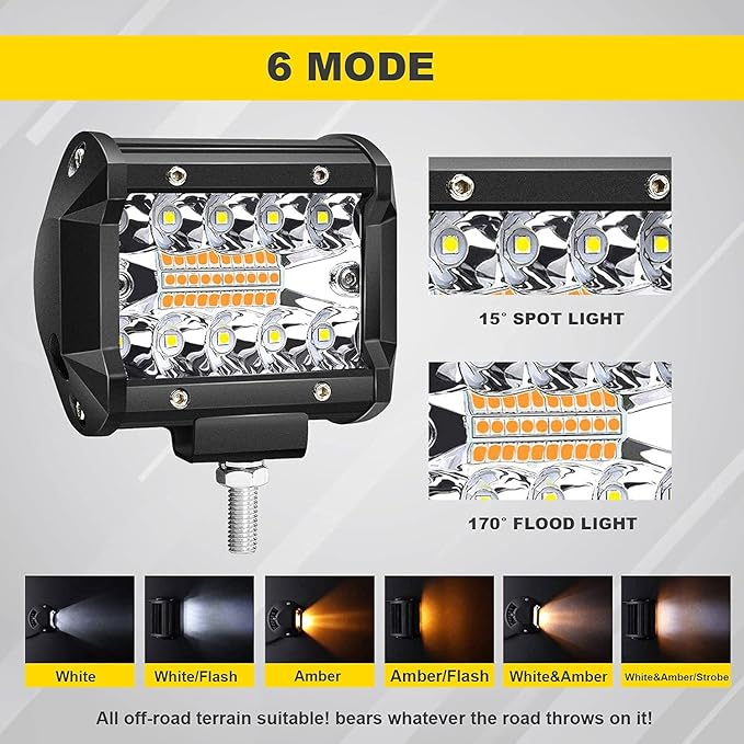5D 52'' inch Straight LED Light Bar + 4'' inch White/Amber Yellow LED Pods Strobe Light Driving Fog Light Spot Flood Combo Beam Offroad Lighting with Switch Wiring Harness for Truck Pickup ATV