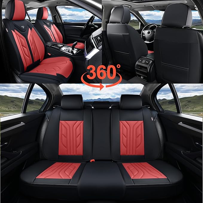 Coverado Car Seat Covers Full Set, Automotive Seat Covers Car Seat Protector Car Seat Cushion, Waterproof Leather Seat Covers for Cars, Universal Fit for Most Sedans SUV Pick-up Truck(Burgundy)