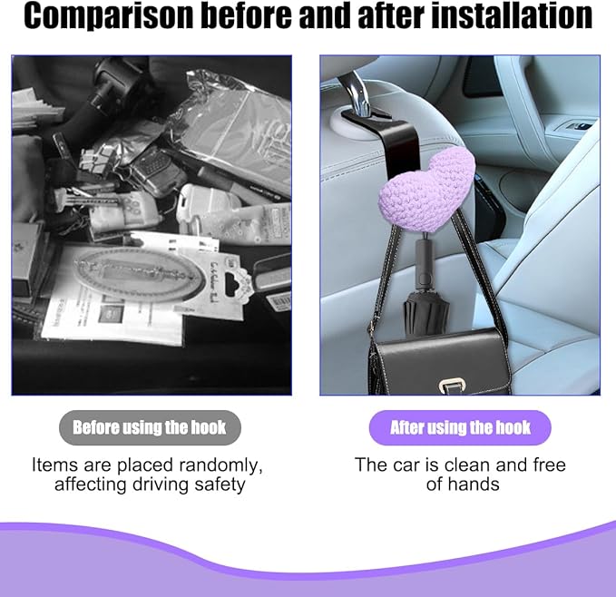 2PCS Car Headrest Hook, Cute Wool Heart Vehicle Seat Hangers for Umbrellas Grocery Bags, Automotive Interior Backseat Storage Organizer Hook, Universal for SUV, Sedan, Truck (Purple)