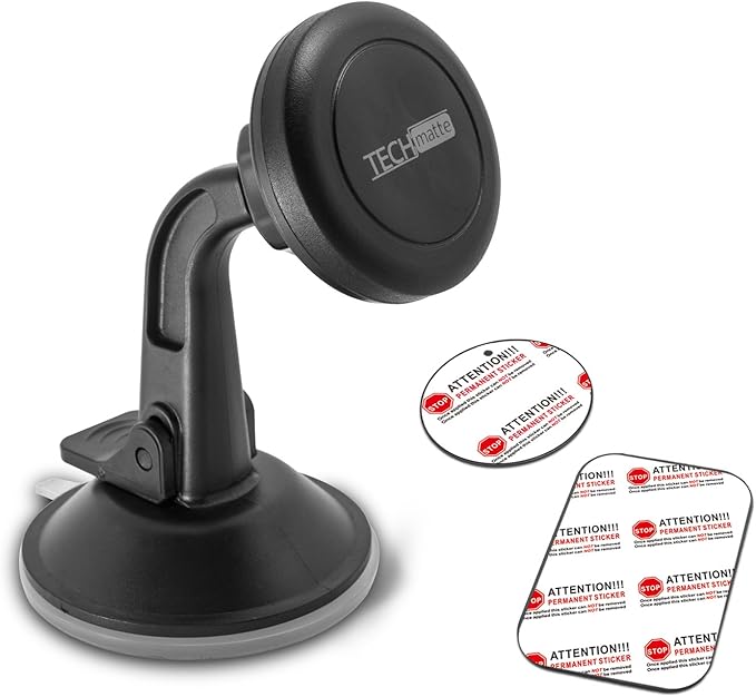 TechMatte Car Phone Mount Magnetic-Dashboard Mounted Car Phone Holder-Universal Smartphone Compatibility with Strong Magnetic Technology (Black), Portable Electronic Device Mount