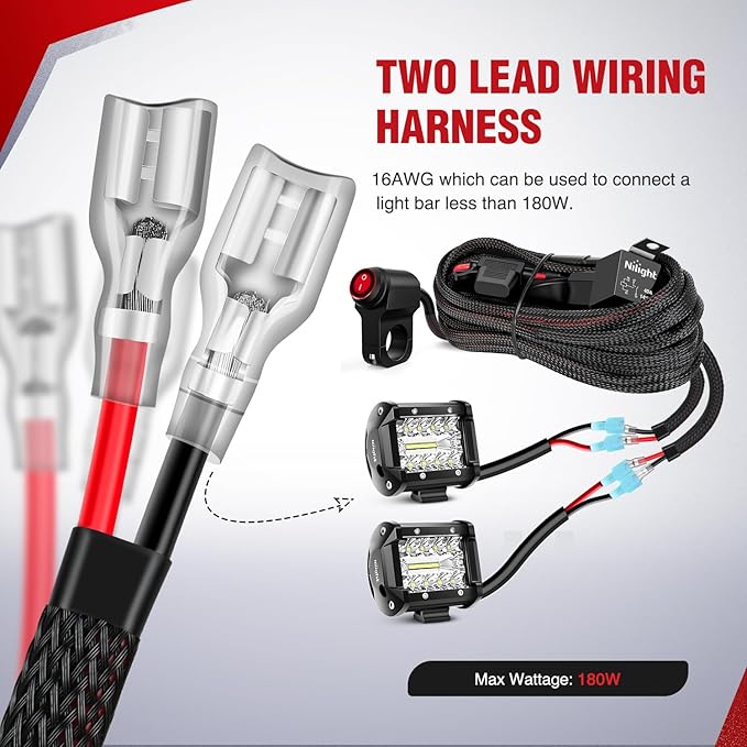 Nilight Wiring Harness Kit Nylon 16 AWG 2 Leads 12V Motorcycle Handlebar Switch On Off Power Relay Blade Fuse for LED Light Bar Off Road Lights on Motorcycles Bicycles ATV UTV