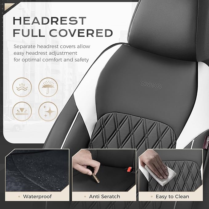 Coverado Car Seat Cover, Car Seat Covers Front Seats, Waterproof Car Seat Covers, Car Seat Cushion, Front Seat Covers Faux Leather Driver Car Seat Protector Fit for Most Cars Trucks SUV, Black&White