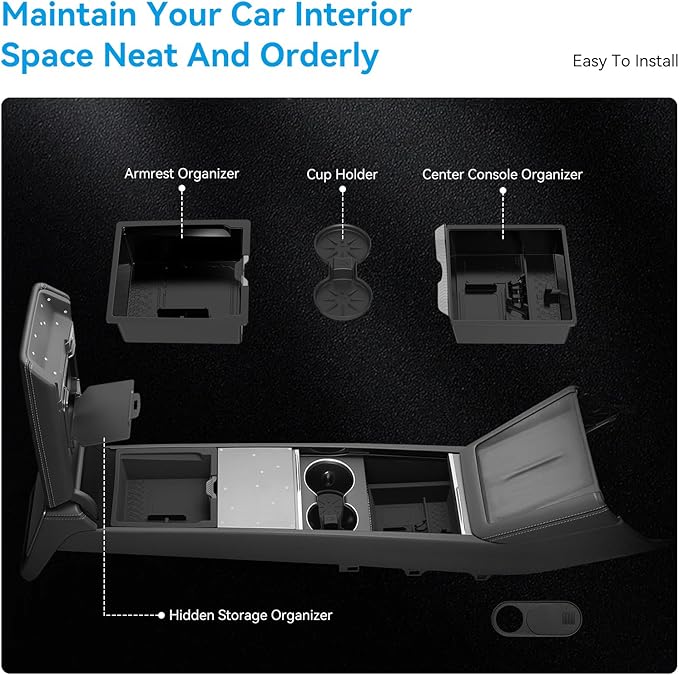 Center Console Organizer Tray for Tesla Model Y Juniper 2025-2026 & Model 3 Highland 2024-2026 - Tesla Accessories Storage Double Layer Tray Silicone Non-Slip Surface, Cup Holder & Camera Cover