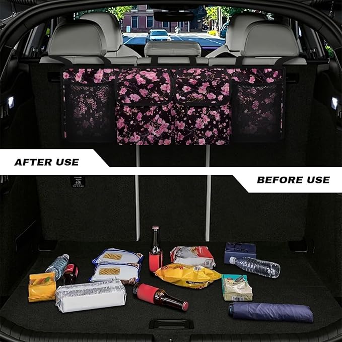 Car Trunk Organizer and Storage, Cherry Blossom Large Capacity Backseat Hanging Storage with 4 Storage Bag Car Accessories, Backseat Car Organizer Universal for Cars, Truck, vans