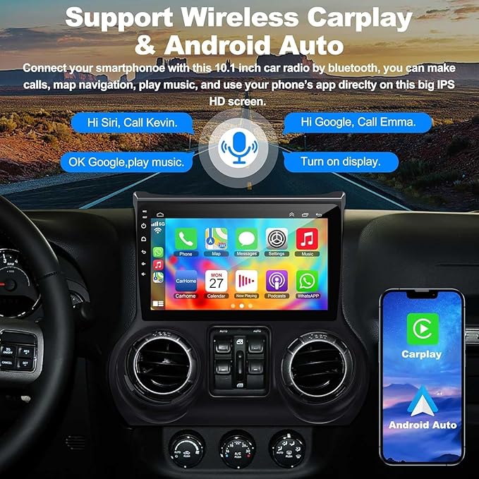 Upgraded Android 13 Car Radio for Jeep Wrangler (2011 2012 2013 2014), 10.2 Inch Car Radio with Carplay&Android Auto Support GPS Navigation, Backup Camera,FM/RDS Radio