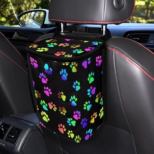 Colorful Dog Paw Car Trash Can with Lid, Cute Leakproof Car Trash Garbage Bag Hanging Vehicle Trash Bin Small Portable Automotive Garbage Cans Organizer for Back/Front Seat/Console