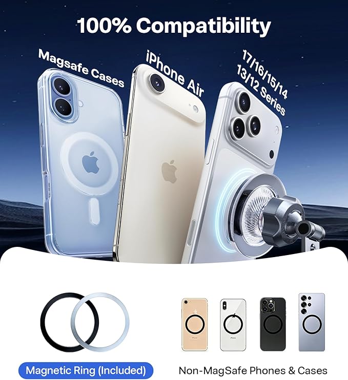 TORRAS 2026 Upgraded Vacuum Car Phone Holder for MagSafe Car Mount [98+ LBS Strongest Suction | 24 N58 Magnets] 360° Adjustable Magnetic Phone Holders for Your Car, for iPhone 17-12 Pro Max Plus Air