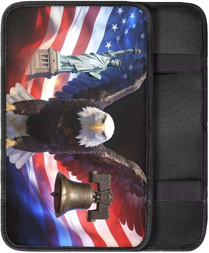 Eagle Liberty Car Center Console Cover Patriotic Car Accessories for Women Men Arm Rest Cover for SUV Sedan Comfortable Car Armrest Cover Pad