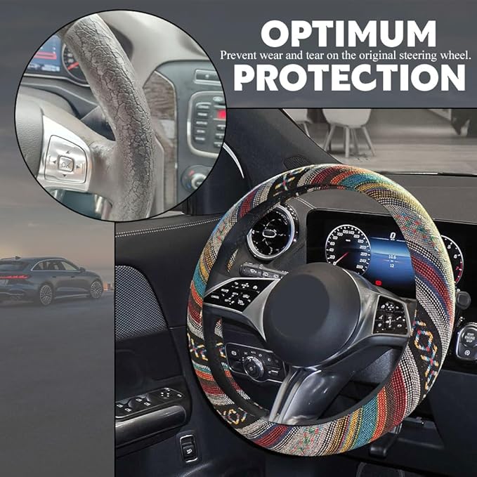 Boho Steering Wheel Cover, Steering Wheel Cover Women, 15 inch Hippie Style Protector Covers, Universal Ethnic Flax Cloth Car Accessories Universal for SUV Van Truck (Hippie-D)