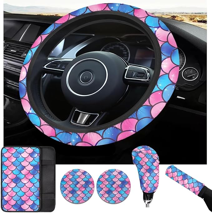 Pink Fish Scale Print Elastic Car Steering Wheel Protector for Men Women 6 Pcs Cup Coaster Handbrake Cover Fit Auto,Suvs,Truck