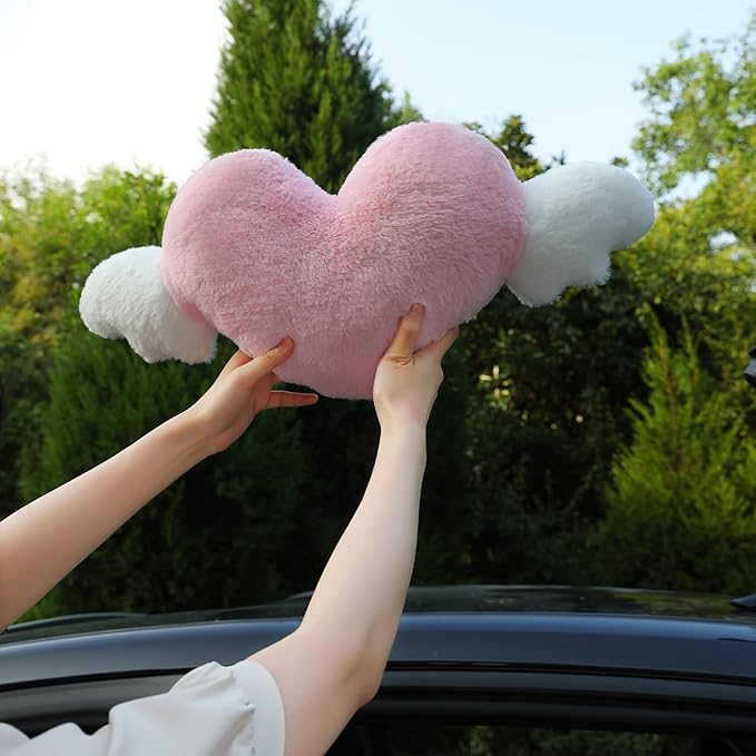 2 Pack Heart Shaped Cute Car Headrest Pillow with Angel Wings - Comfortable Soft Head Rest Cushion Kawaii Car Accessories Neck Pillow for Driving Travelling Office Home Decor - Red Love Heart